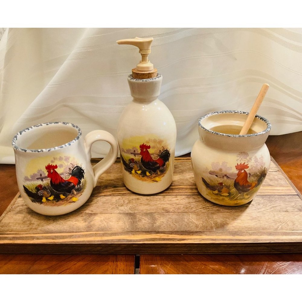 Casey Pottery Rooster, Chicken and Baby Chicks Set (3 pieces) Vintage from 90’s